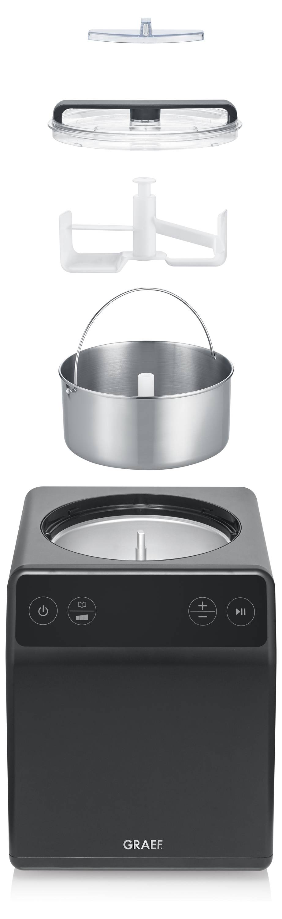 Exploded view of a Graef appliance showing disassembled parts: lid, stirring mechanism, metal container, and main black unit with control buttons.