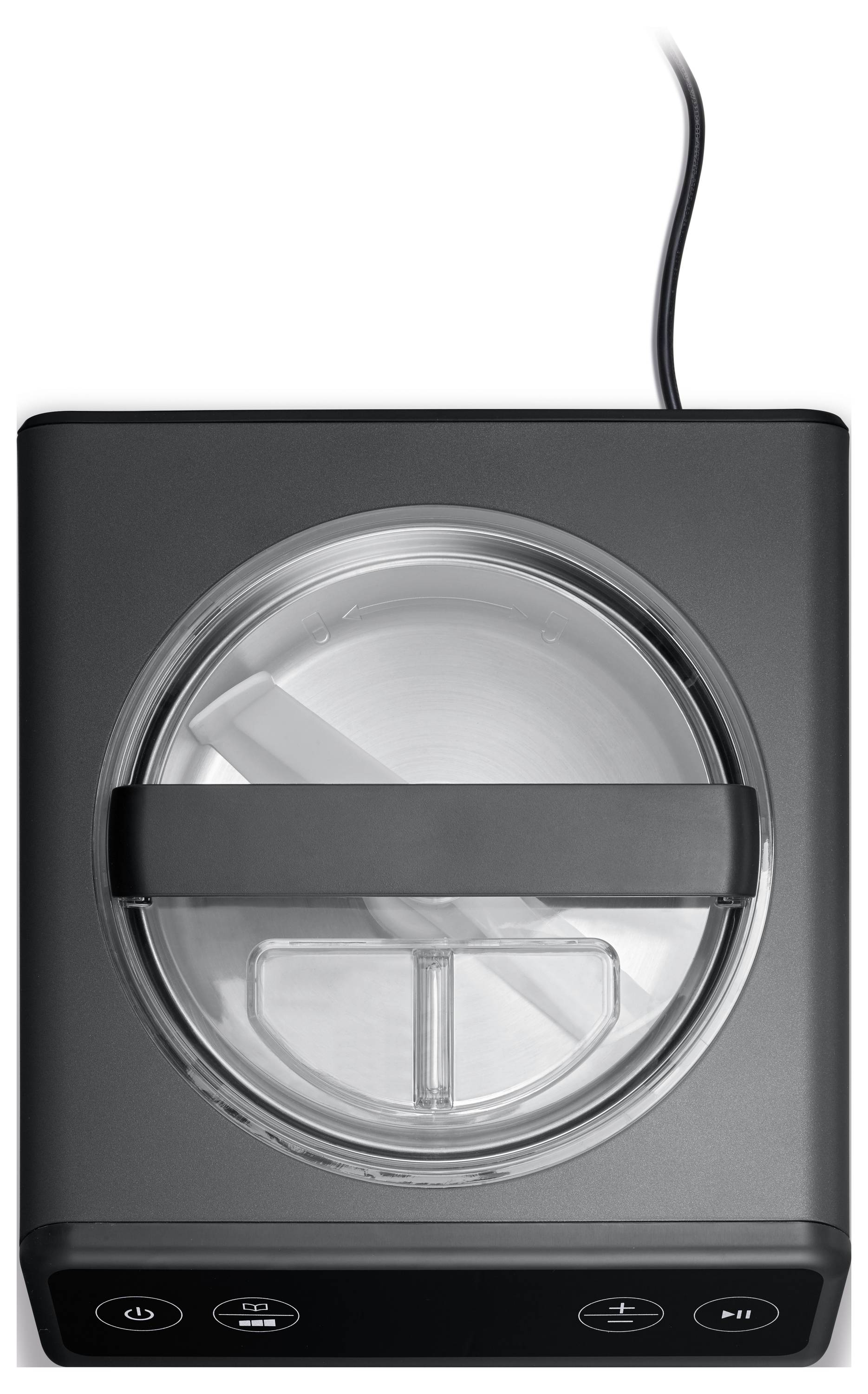 A top view of a silver ice cream maker with a transparent lid and control buttons for power, settings, and pause/play on the front panel.