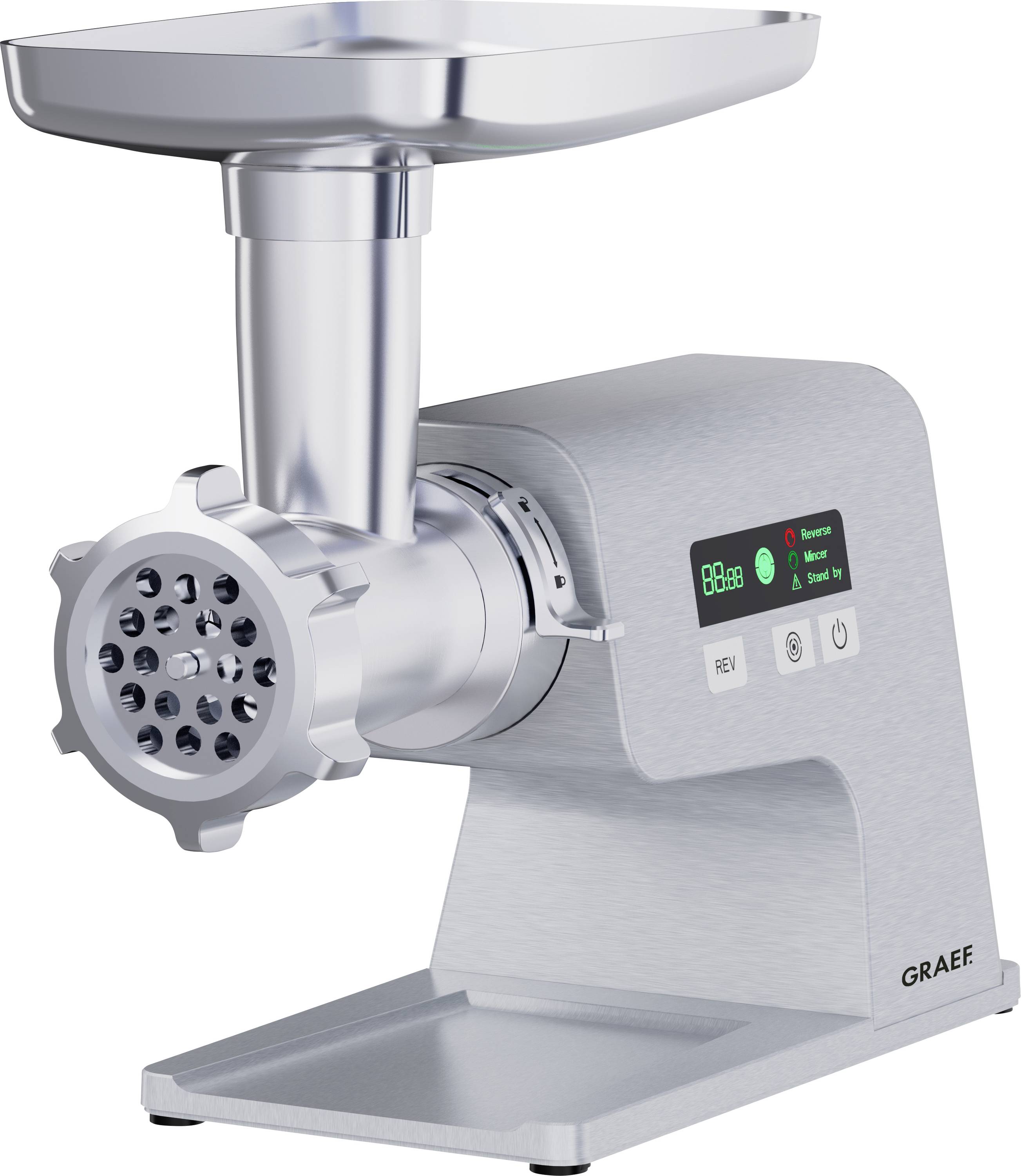 A silver electric meat grinder with digital display, buttons for power, speed, and reverse, and a tray for catching ground meat.