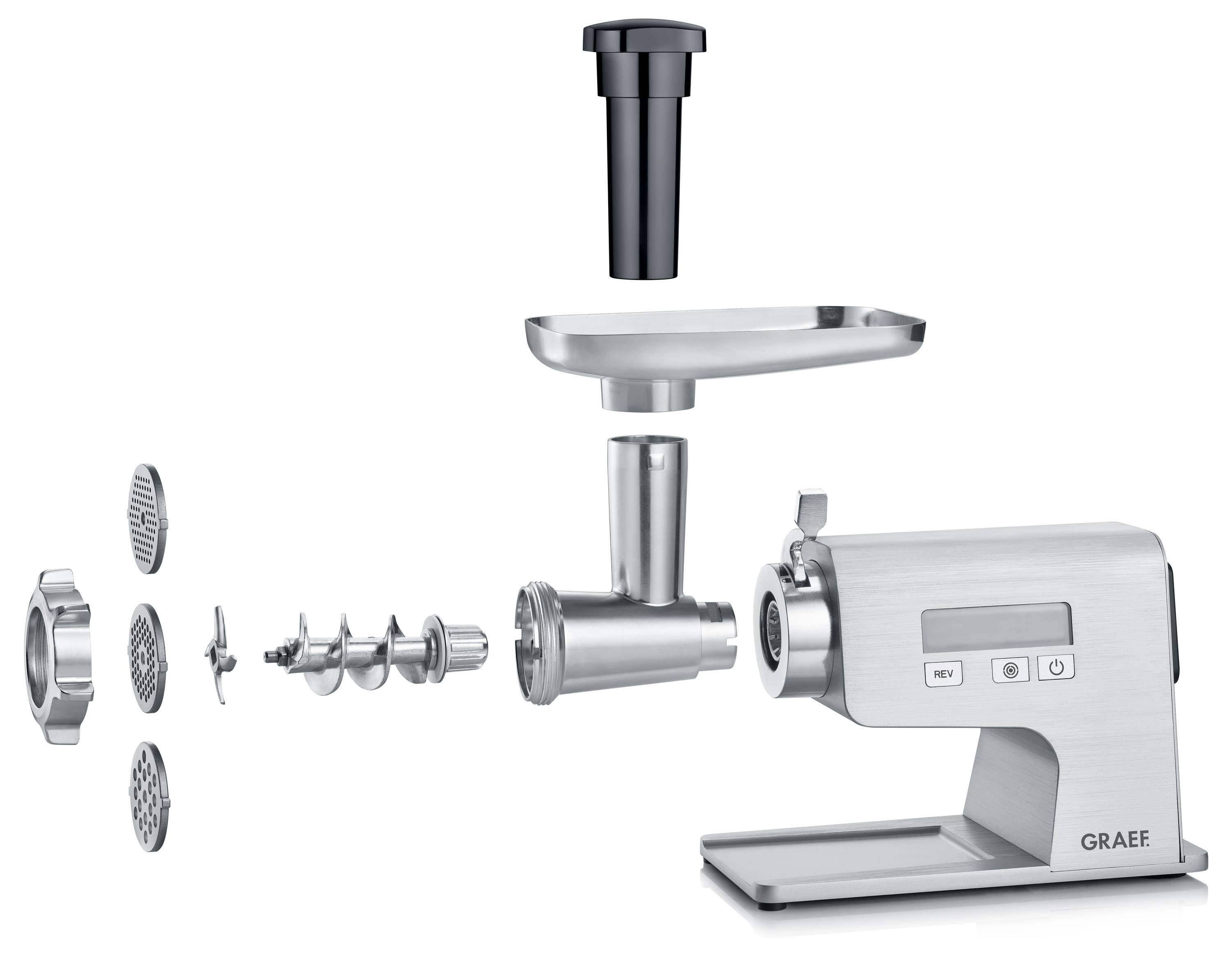 An exploded view of a silver electric meat grinder showing its detachable parts, including blades, motor housing, tray, and pusher.
