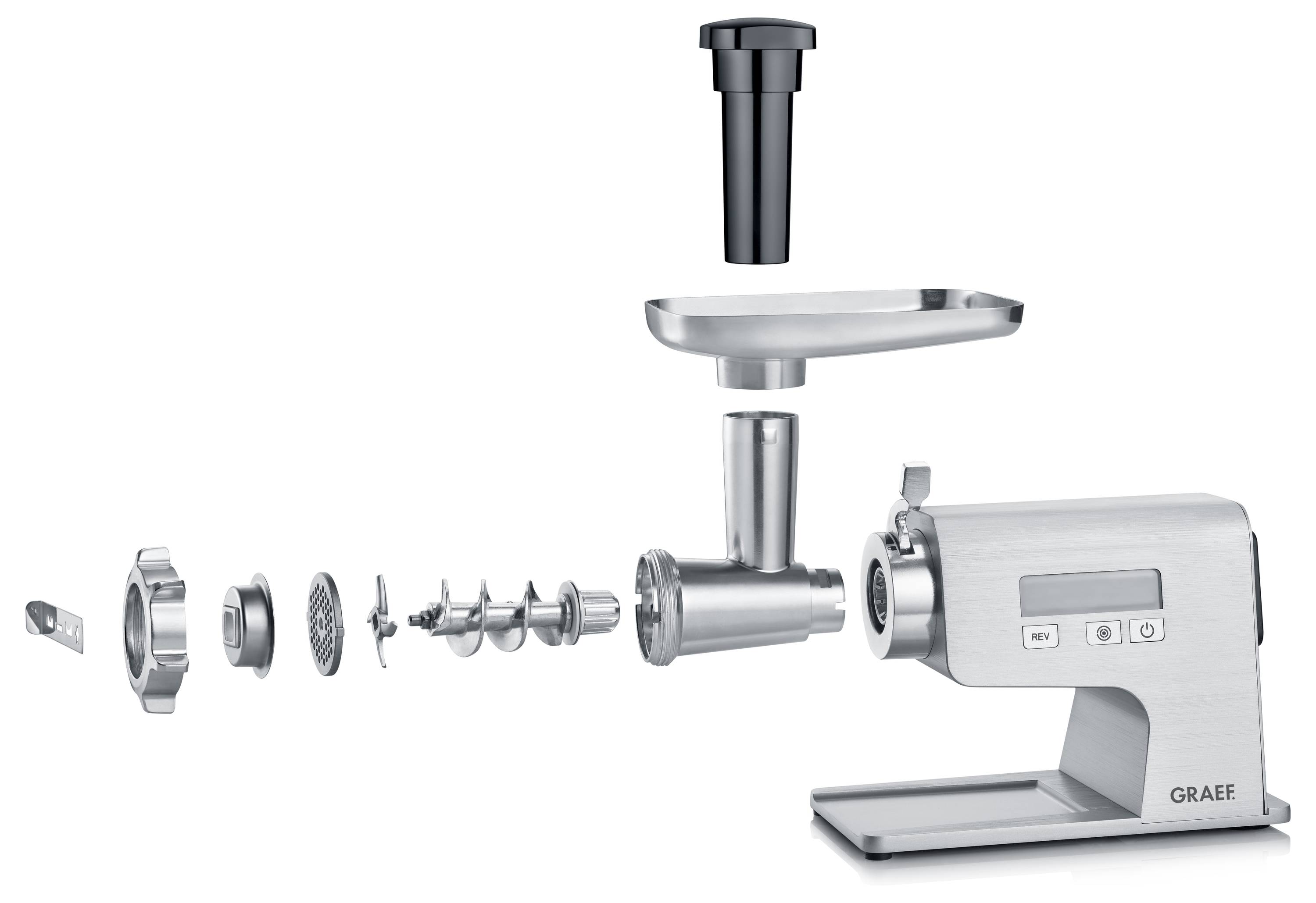 Exploded view of a food grinder showing parts: a base with digital display, feed tray, stuffing tube, grinding plates, blades, and screws.