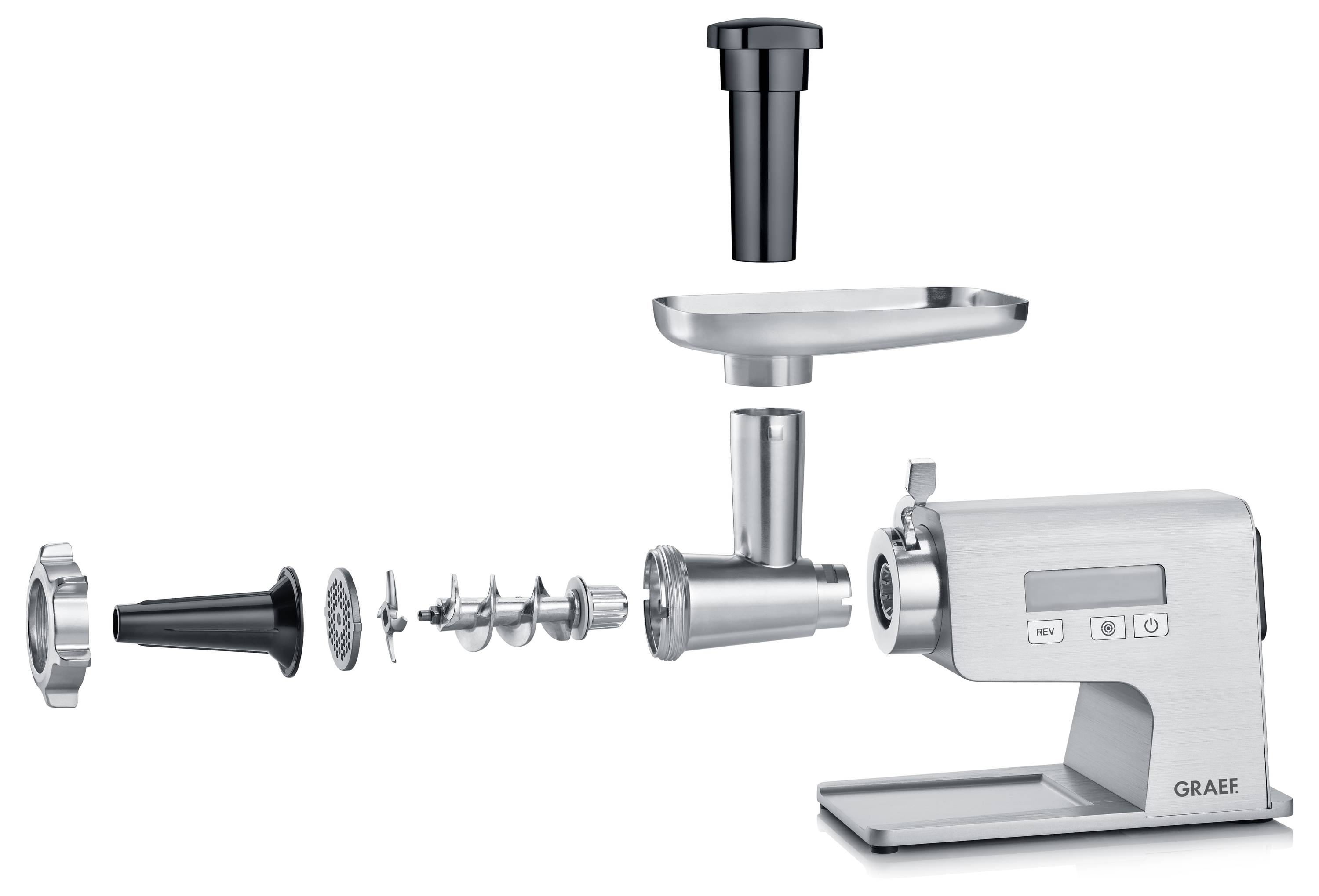 'Graef' meat grinder with components shown separately: motor base, auger, blades, plates, feeding hopper, and pusher.