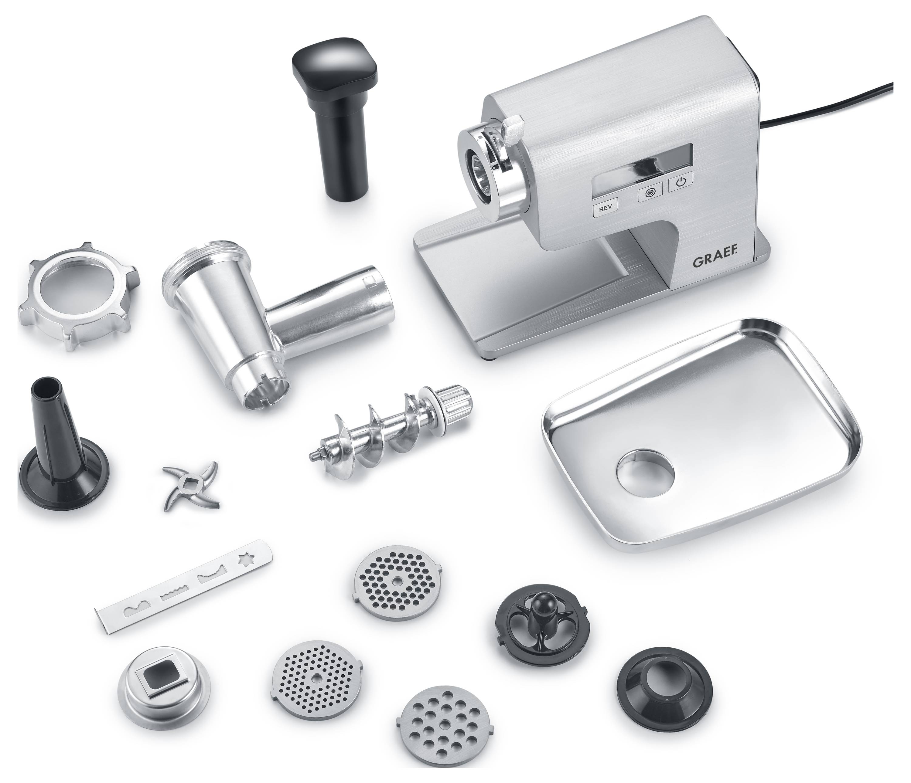 Graef meat grinder with various attachments, including cutting blades and mincing plates, displayed around the main electric unit.