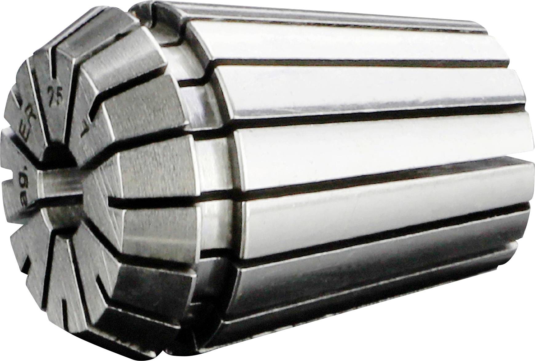 A steel collet with precision grooves, used for holding circular objects securely in place, reflecting a metallic finish.