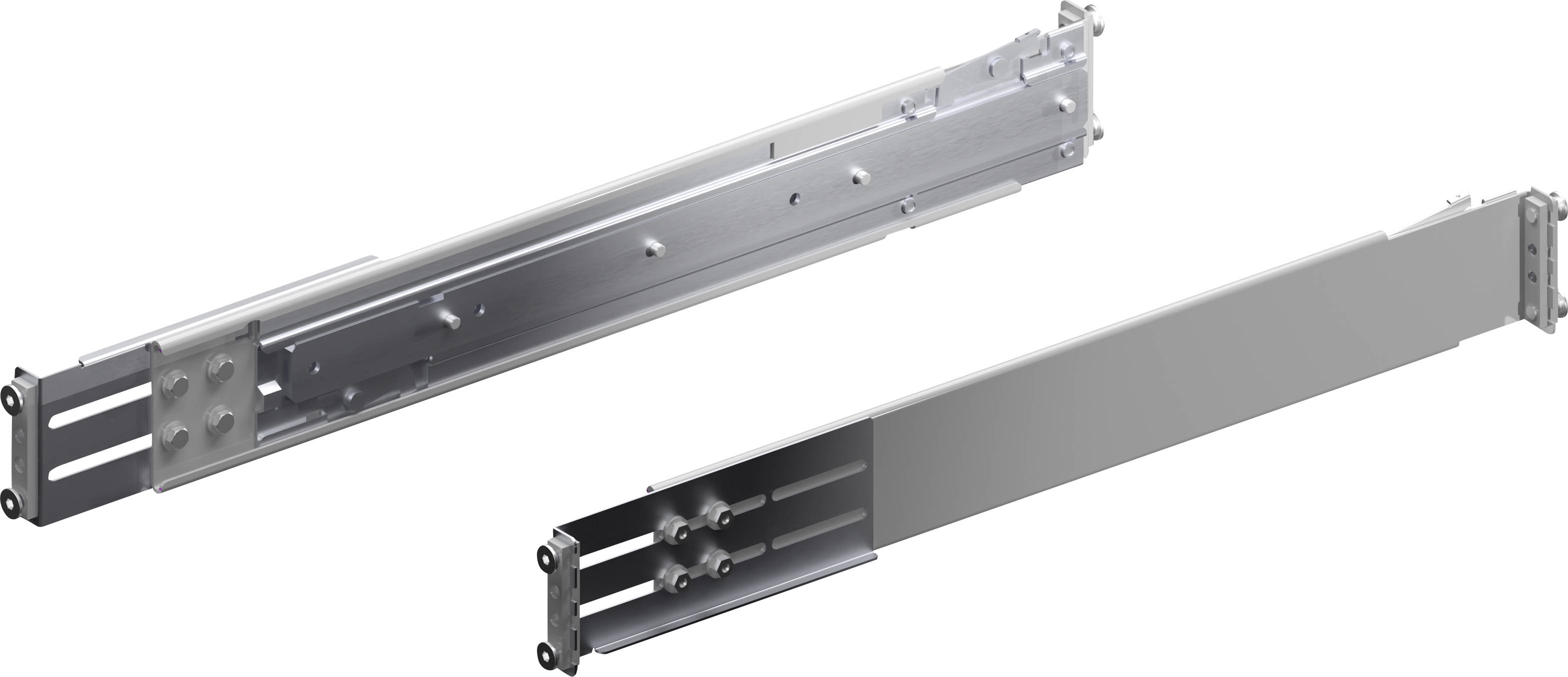 Two metal drawer slides, one extended and one retracted, displaying their mechanisms and construction.