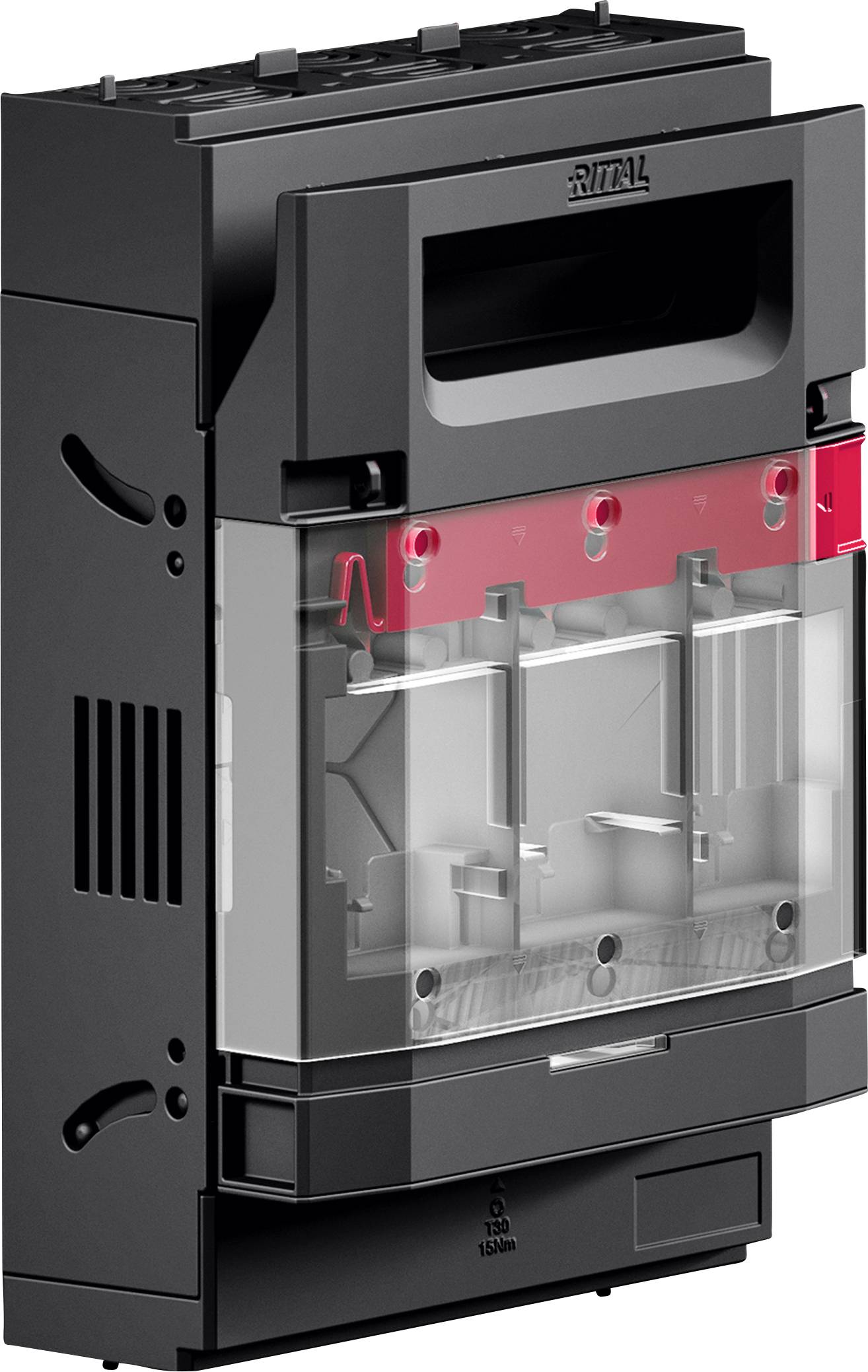 Rittal electrical enclosure unit in black and gray with visible circuit mechanisms, featuring a transparent front panel and red highlights.