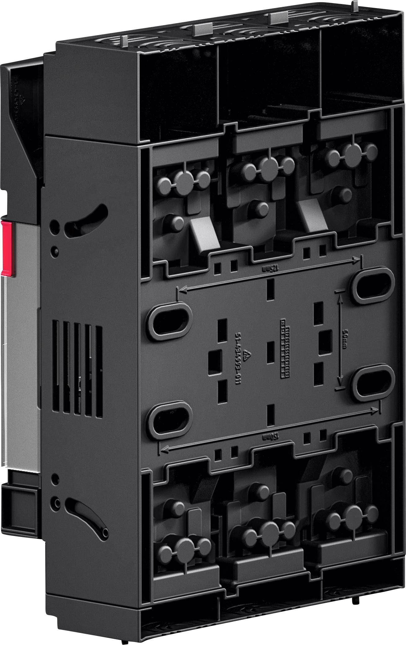 A black modular electrical device with multiple input and output ports, featuring visible switches and connectors, used for power distribution.