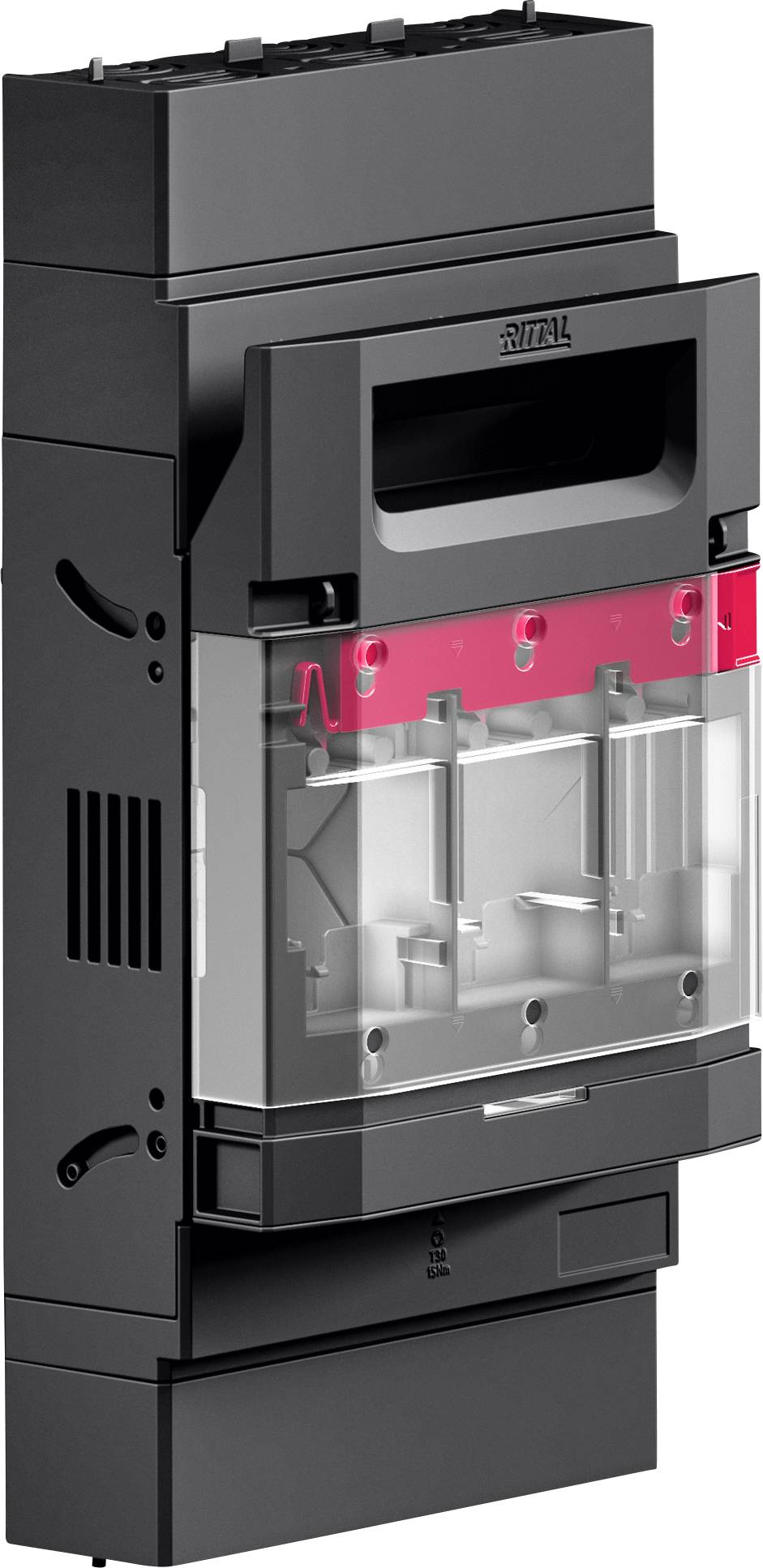 A black rectangular electrical component with a transparent cover revealing internal sections, featuring a top handle and a red strip inside.