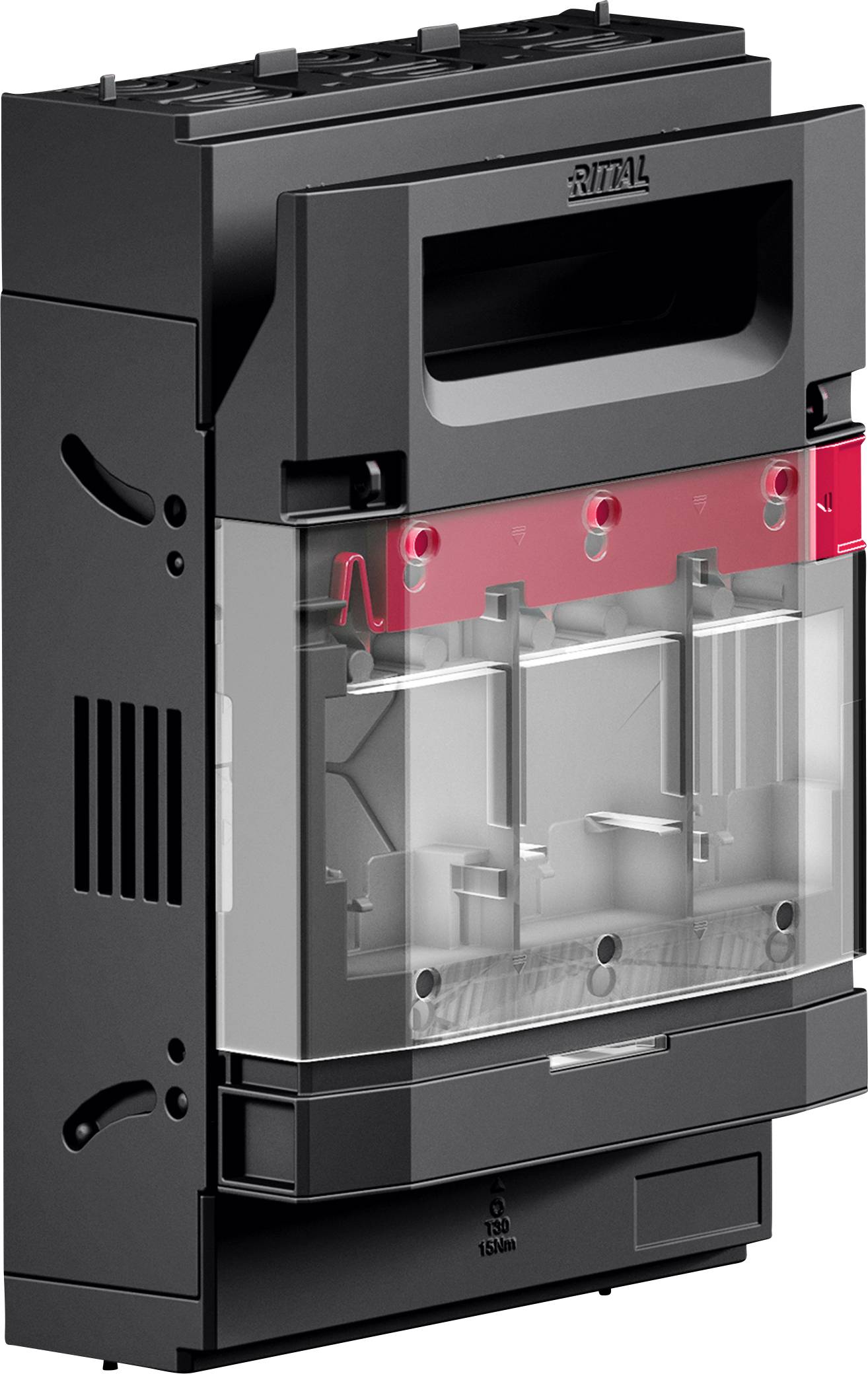 A black electrical device with a transparent front panel showing internal components. A red highlighted section indicates a specific area.