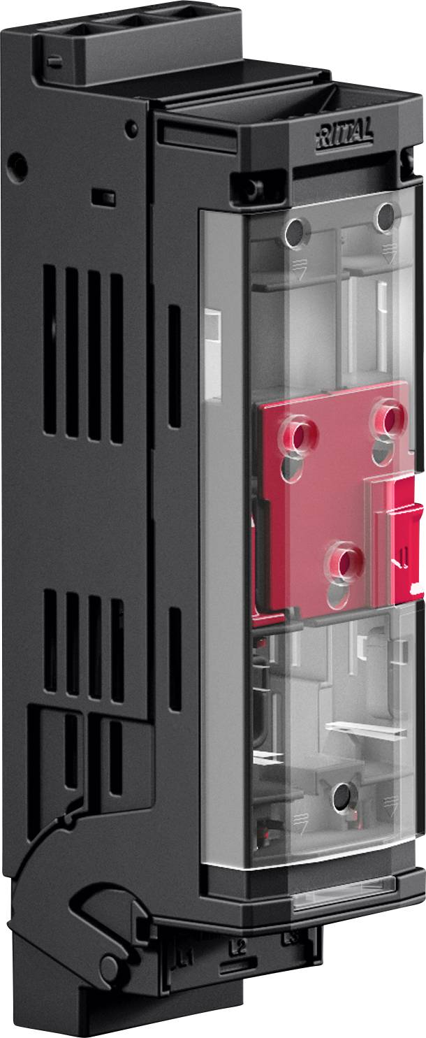 An electronic device with a black casing and transparent front panel displaying internal red components. Likely used for switching or control functions.
