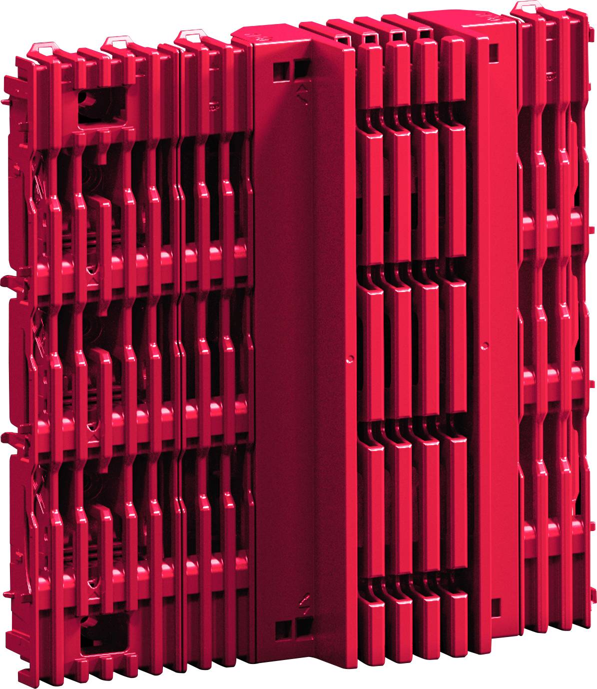 A red 3D-printed circuit board holder with a grid-like design, used for organizing electronic components in a precise configuration.
