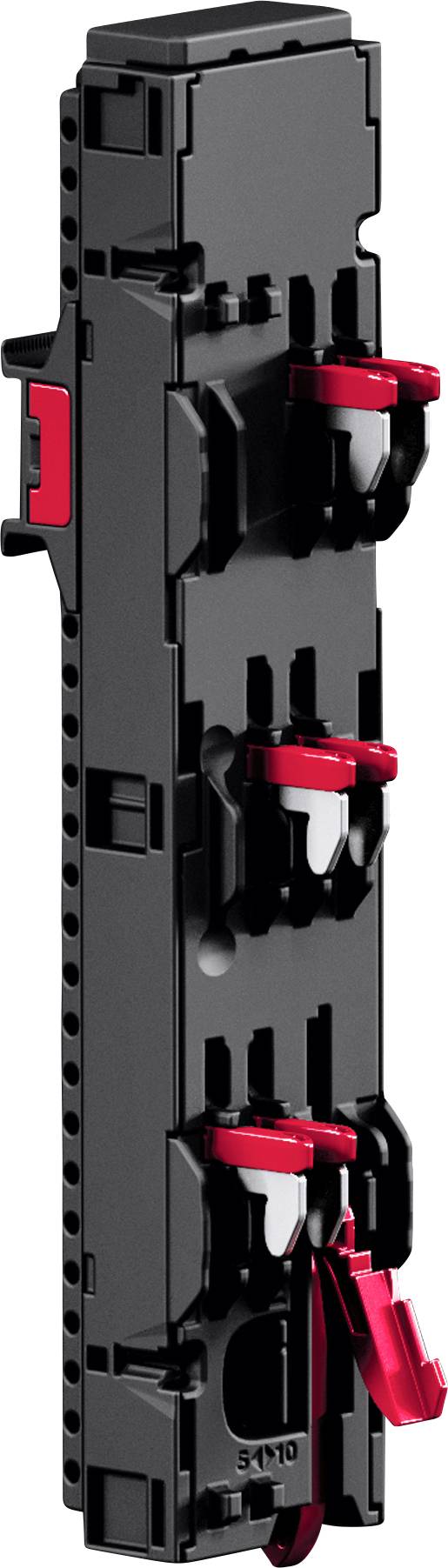 Industrial component with black frame and three red switches on the front. Vertical orientation for electrical or mechanical use.