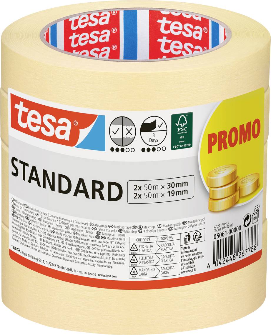 'Tesa Standard' branded tape pack showing a 'Promo' label, 3 rolls of beige tape, each 2x50m in 30mm and 19mm widths, suitable for general use.