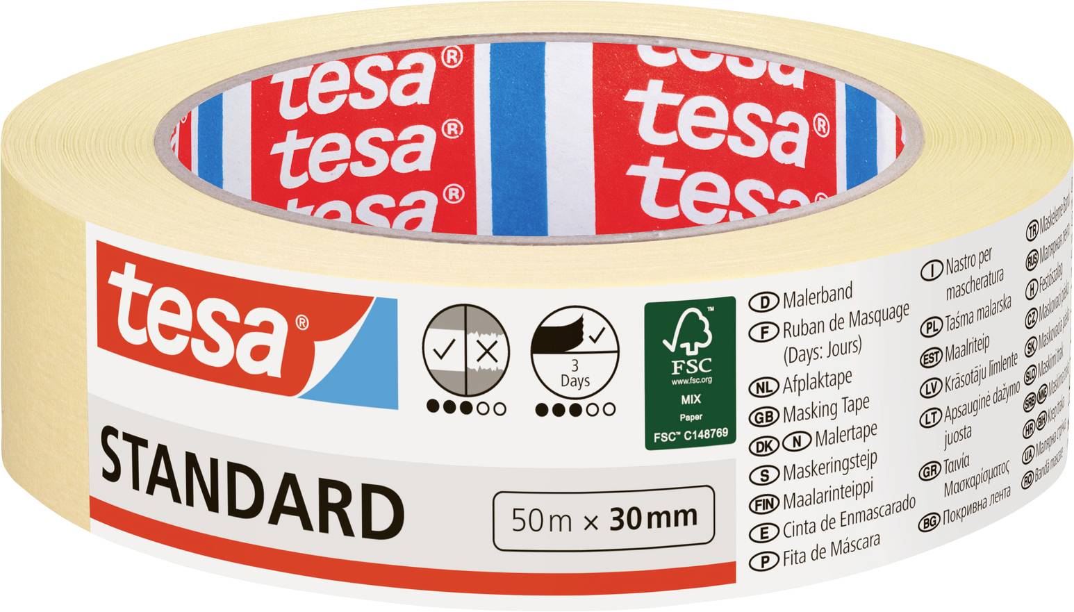 Cylindrical roll of Tesa standard masking tape, 50m x 30mm, with labels indicating 3-day paint removal and FSC certification.