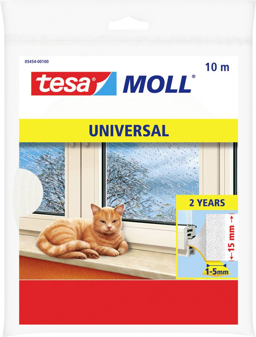 Packaging for 'tesa MOLL Universal' window insulation. Shows a cozy cat by a sealed window. Includes text: '2 Years', '1-5mm'.