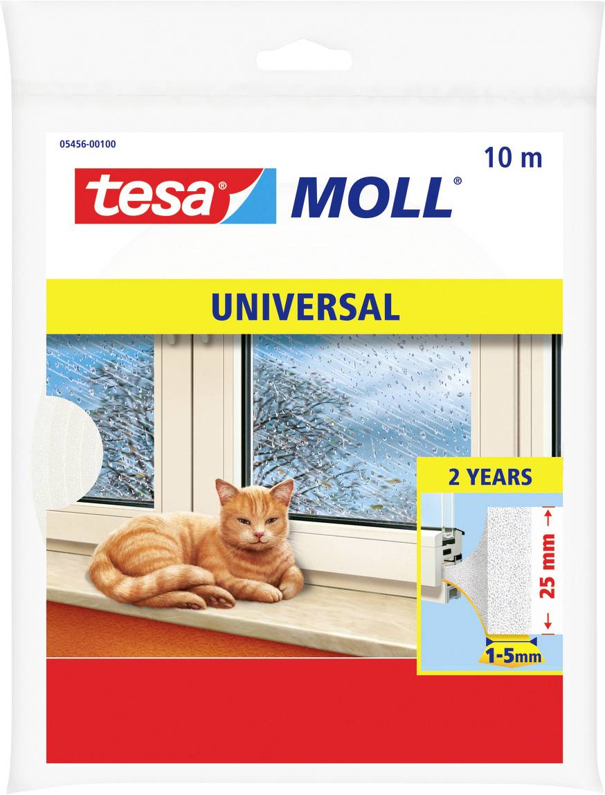 Packaging for 'tesa moll' 10m weatherstripping. Features a cat by a window, rain outside, '2 years' label, and '1-5mm' fitting guide.