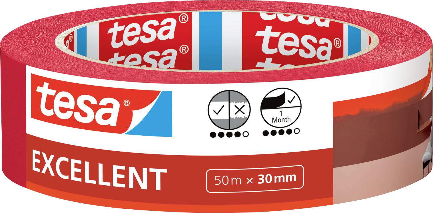 Red roll of Tesa tape with 'EXCELLENT' written on it. Dimensions: 50m x 30mm. Icons indicate strength and 1-month durability.