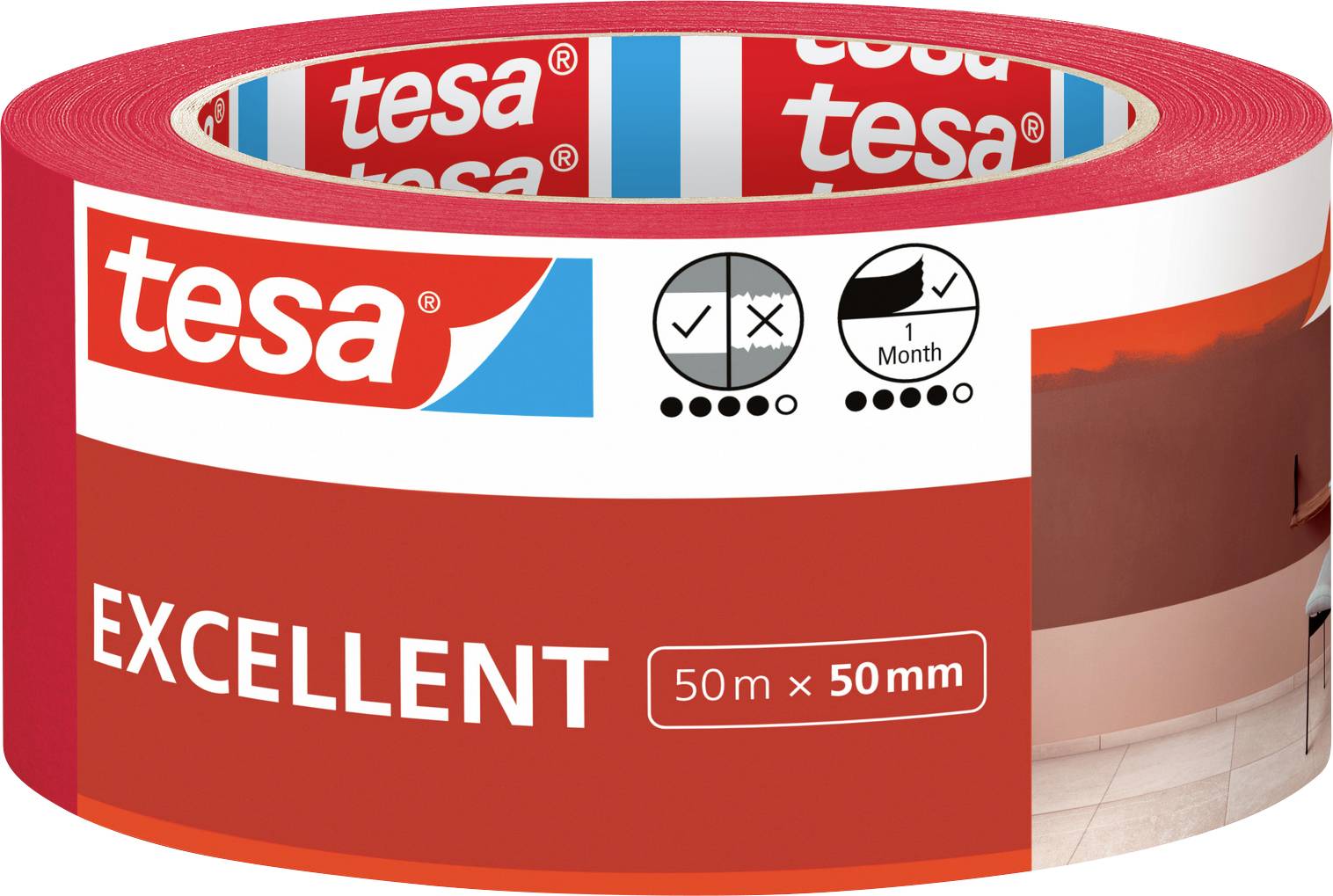 Red roll of tesa brand tape labeled 'EXCELLENT', measuring 50m x 50mm. Packaging shows 1-month outdoor label and surface suitability icons.