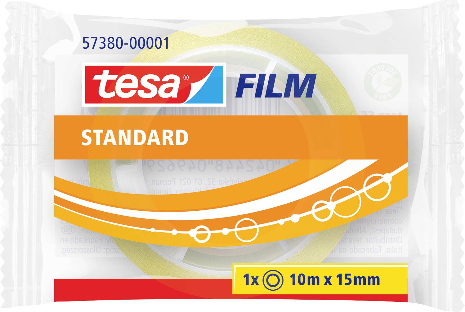 Pack of Tesa Film, Standard, 10m x 15mm, with a yellow roll visible through the packaging. Product code: 57380-00001.