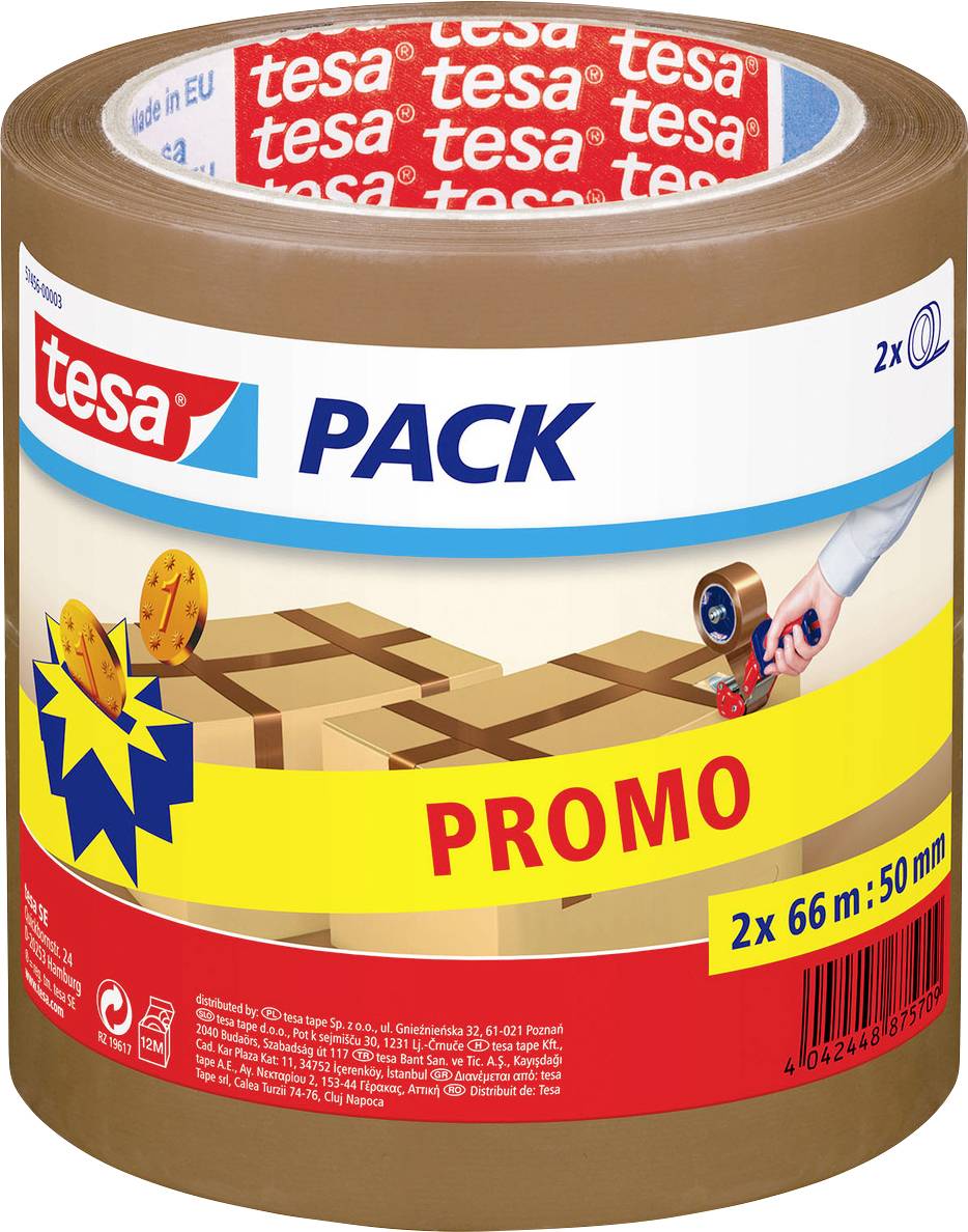 'Pack of brown packing tape with the brand name 'tesa' visible. The label shows tape being used to seal boxes. 'Promo' is highlighted.'