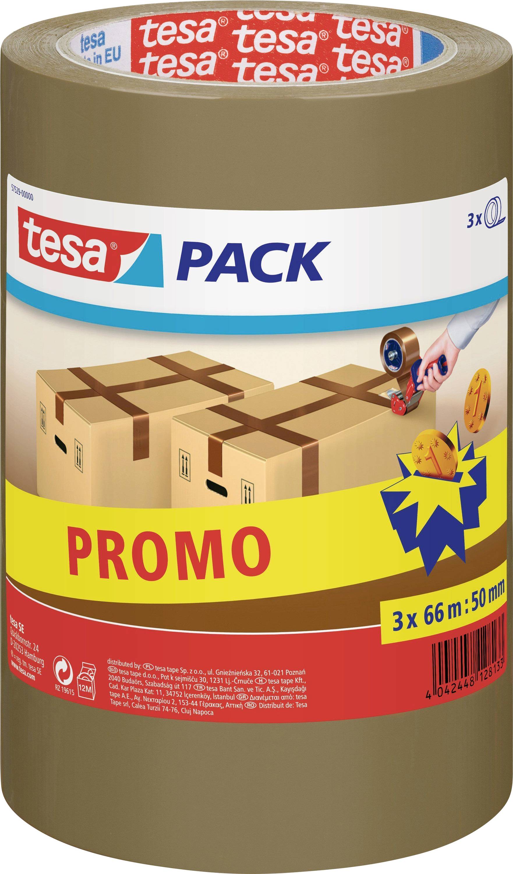 Brown packing tape roll, labeled 'tesa PACK PROMO', featuring an image of hands sealing cardboard boxes, size 3 rolls of 66m x 50mm.