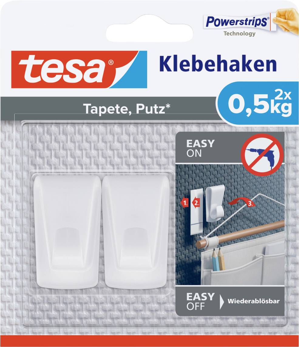 Packaging of Tesa Powerstrips adhesive hooks, 0.5 kg capacity each, suitable for smooth surfaces, removable without residue.