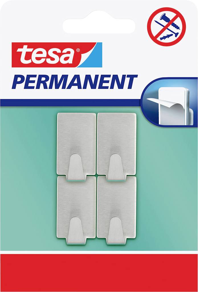 Pack of four tesa permanent adhesive hooks, no drilling needed, shown on a blue-green background.