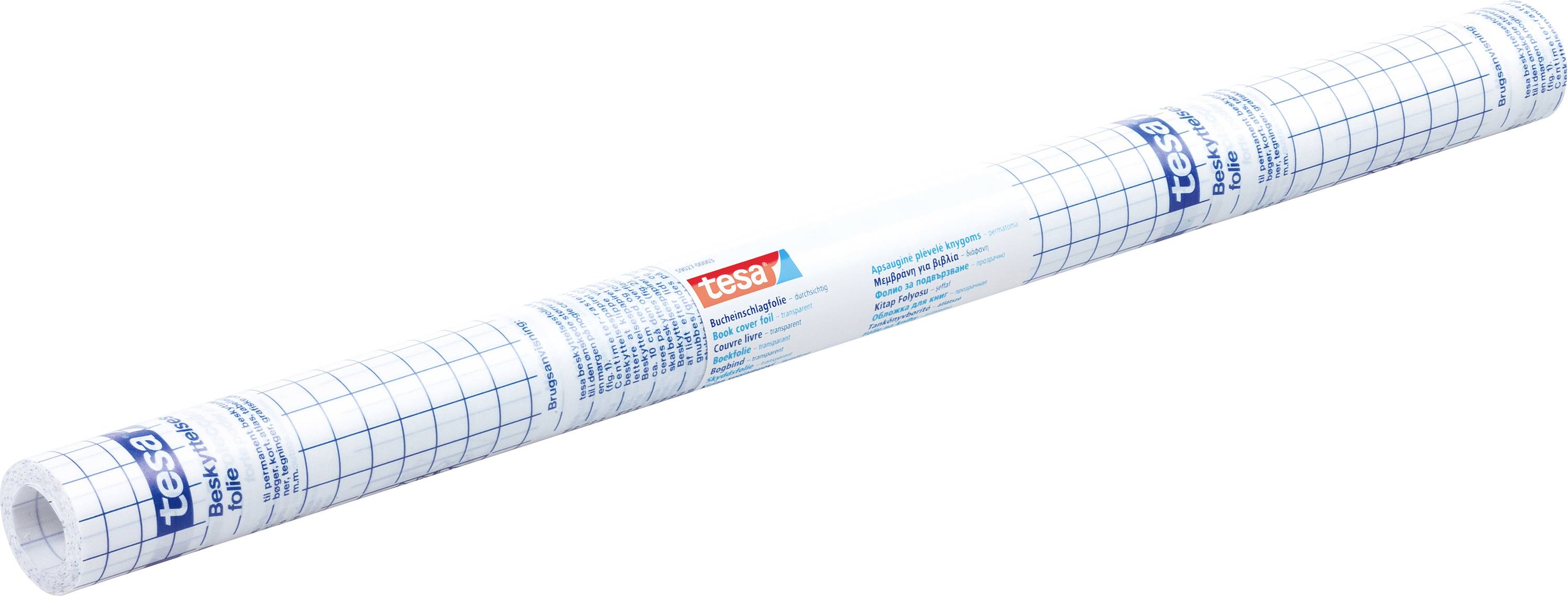 A roll of Tesa adhesive film with a blue grid pattern, used for protective covering or crafting, labeled with product details and measurements.