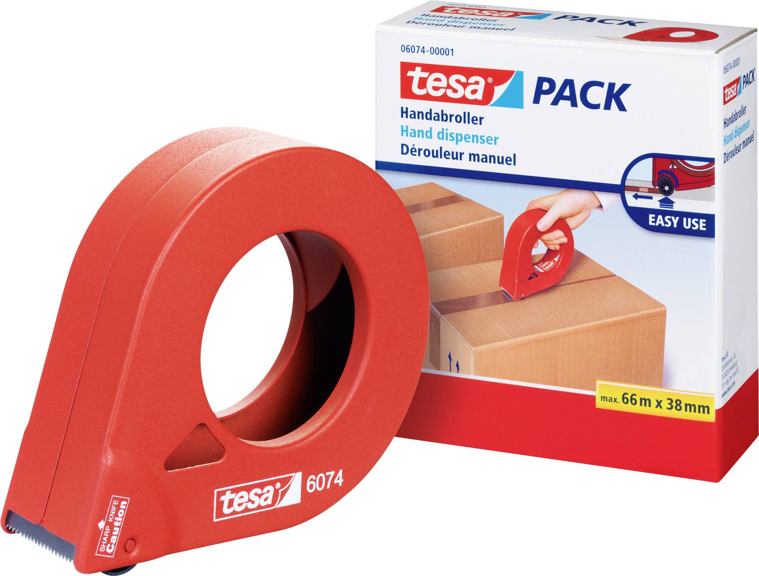 Red tape hand dispenser by 'tesa' next to its packaging box, labeled 'Handabroller Hand dispenser Dérouleur manuel' and 'Easy Use.'