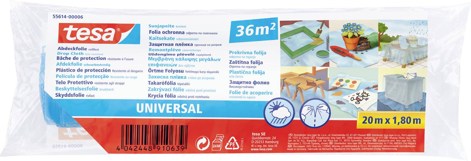 Packaging of 'tesa' Universal protective foil, 36m², showing the product size, usage images, and barcode.