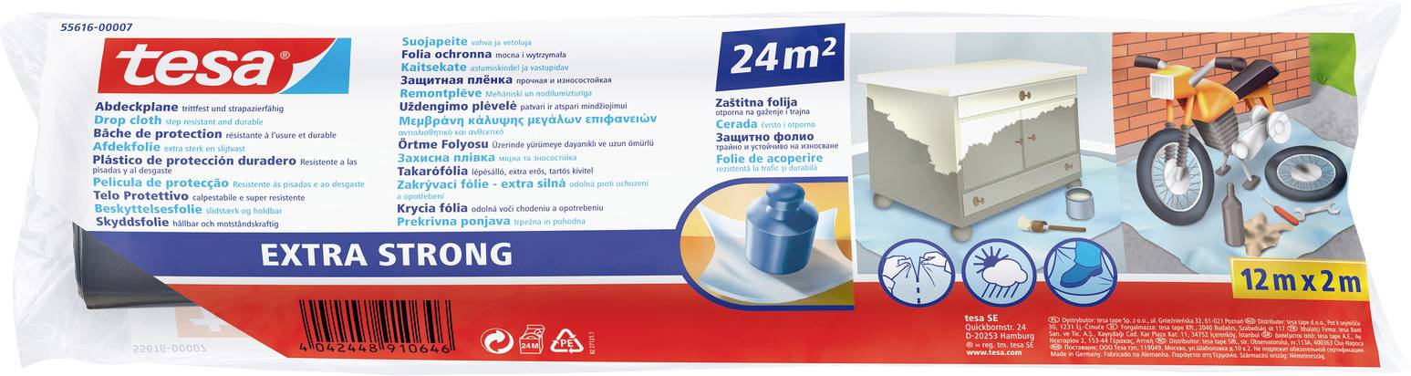 Packaging of 'tesa' extra strong protective cover, measuring 12m x 2m, suitable for various surfaces like furniture and bikes, covers 24m².