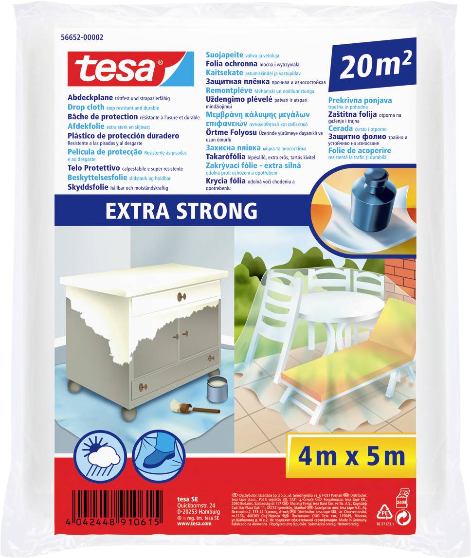 'Extra Strong Tesa Drop Cloth, 20m², 4m x 5m.' Image shows a protective cover on furniture and outside chairs. Box with 5kg weight icon highlights strength.