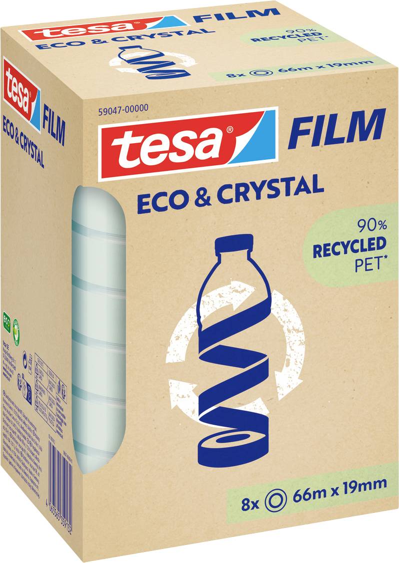 A package of Tesa Eco & Crystal Film with 8 rolls of tape. Box highlights '90% Recycled PET' and shows an illustration of a bottle.