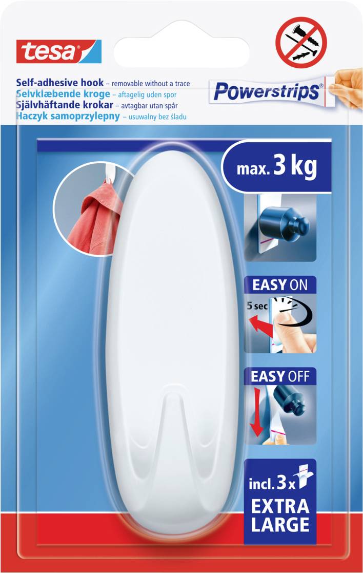 Package of 'tesa Powerstrips' featuring a large, self-adhesive white hook. Holds up to 3 kg. Includes easy on/off instructions.