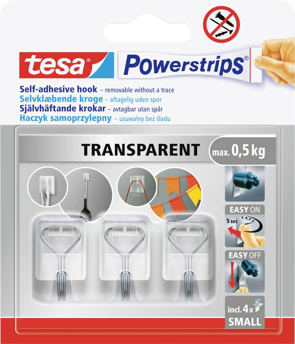 Self-adhesive transparent hooks, max 0.5 kg capacity, easy to mount and remove, includes 4 small hooks.