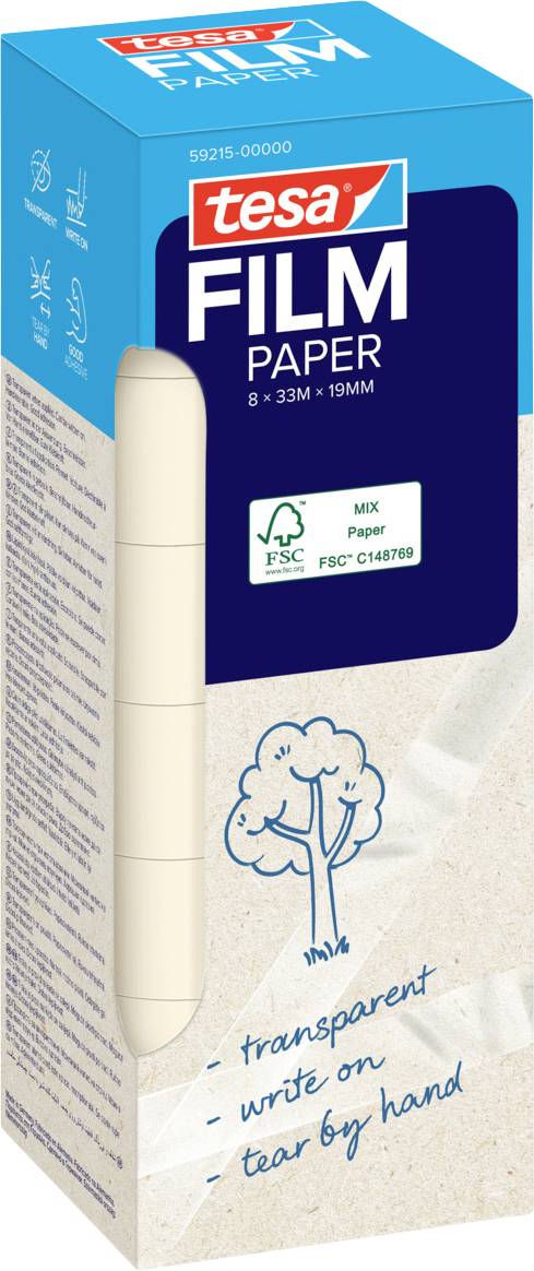 'Tesa Film Paper' packaging for adhesive tape shows eco-friendly symbols, including FSC certification, and notes 'transparent', 'write on', 'tear by hand'.