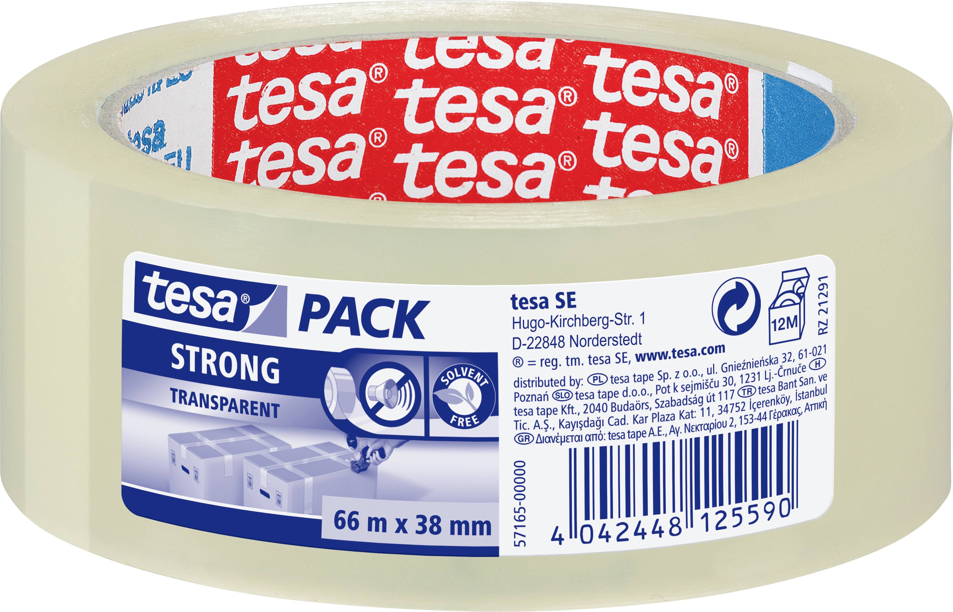 Transparent strong packing tape roll, 66 m x 38 mm, with tesa brand label featuring product details and barcode.