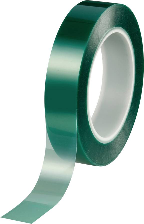 A roll of semi-transparent green adhesive tape, partially unrolled, with white inner core visible.