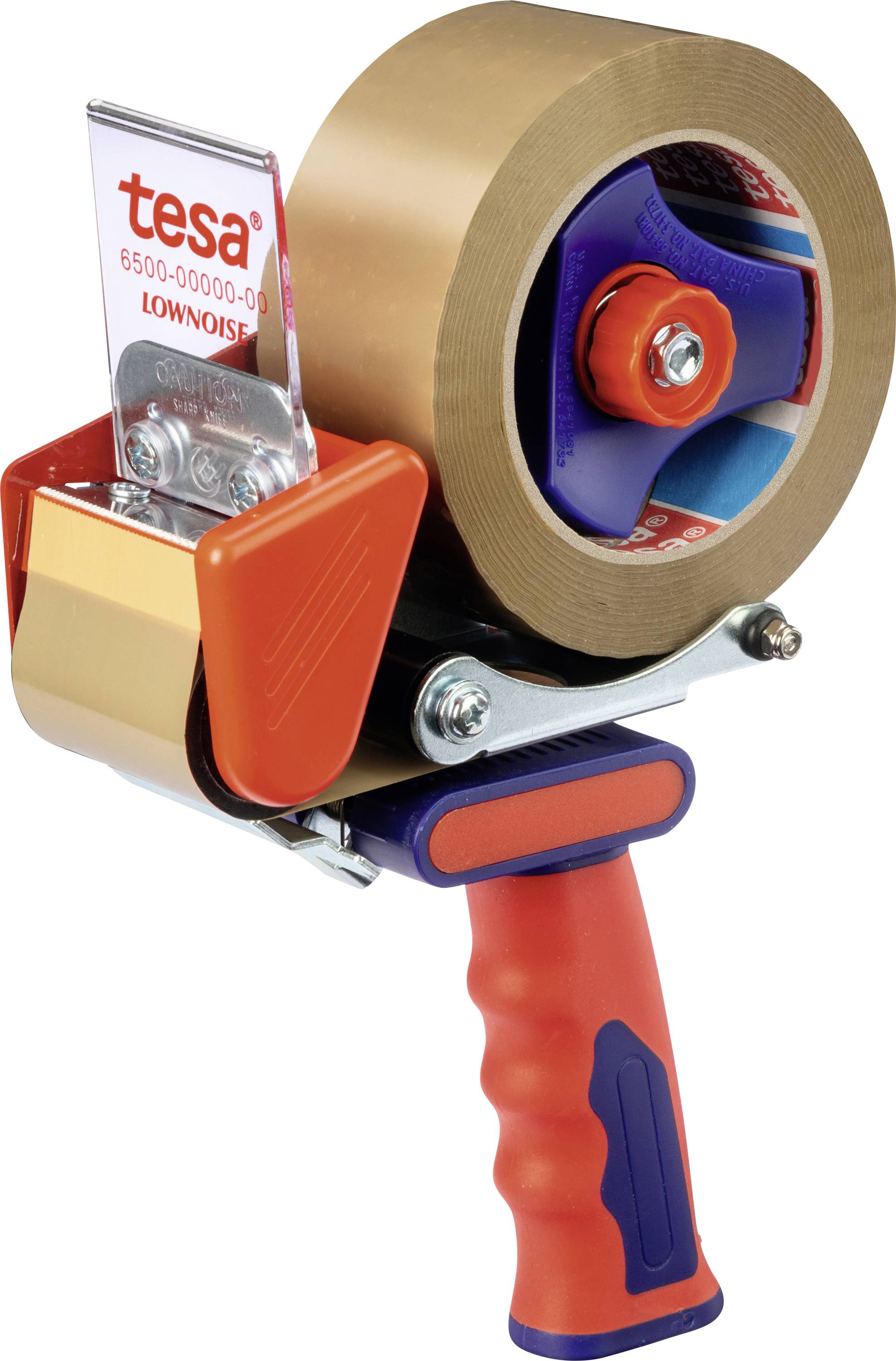 A brown packing tape roll mounted on a red and blue dispenser with an ergonomic handle, ideal for sealing boxes securely.