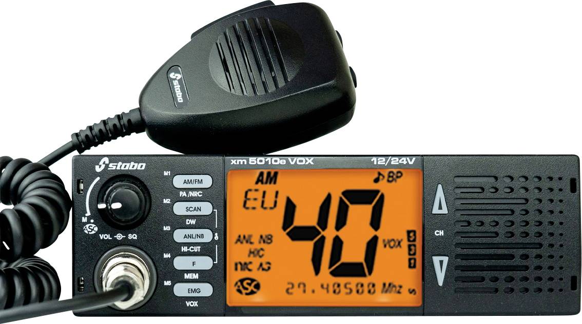 A CB radio with a microphone shows the channel number '40' on a bright orange display. Buttons for various functions are visible.