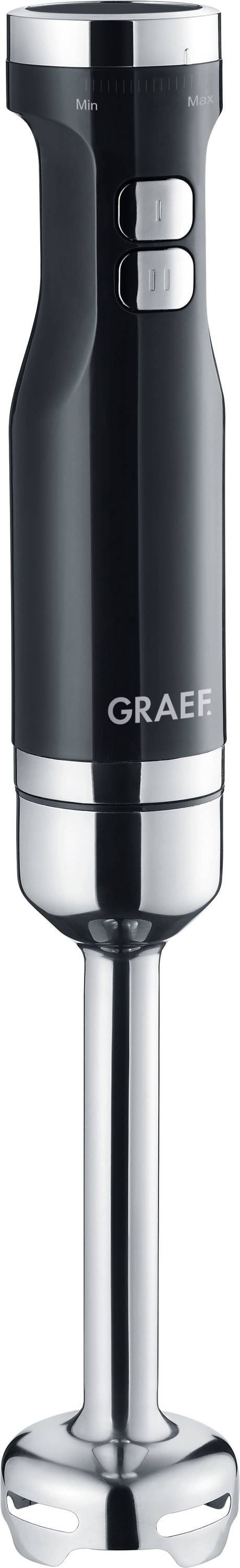 A sleek black and silver hand blender with brand logo 'Graef' on the handle, featuring two control buttons, designed for blending tasks.