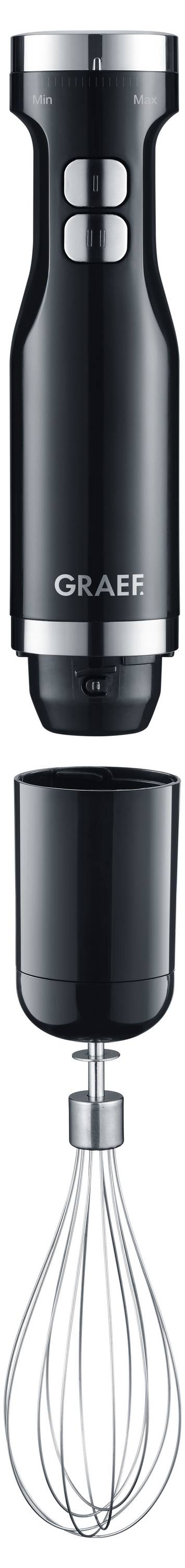 'Graef' black hand blender with detachable whisk attachment.