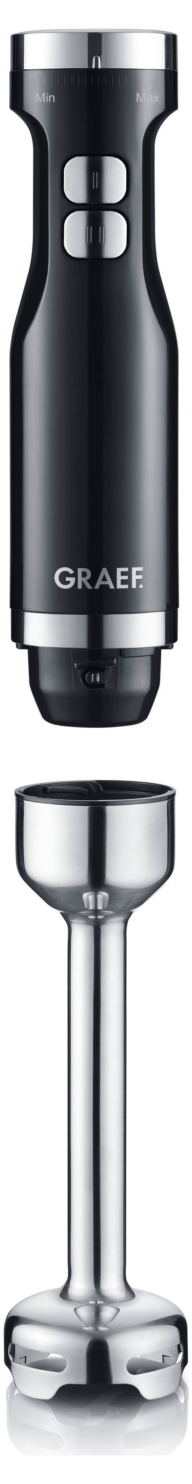 Black and silver immersion blender with detachable stainless steel blending attachment, displayed vertically.