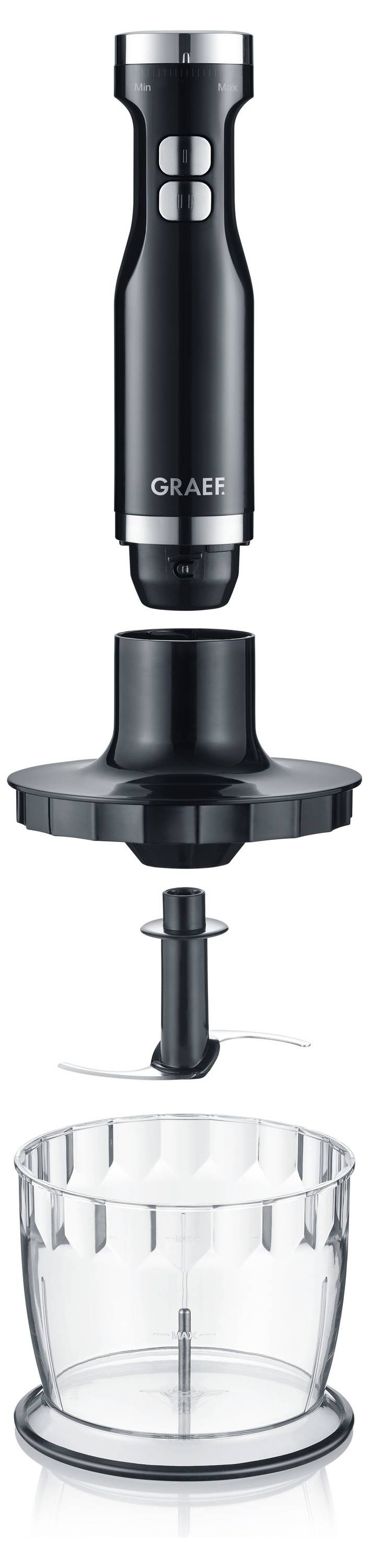 'Graef' branded black blender with detachable parts. Features motor unit, connecting gear, blade attachment, and transparent mixing cup below.