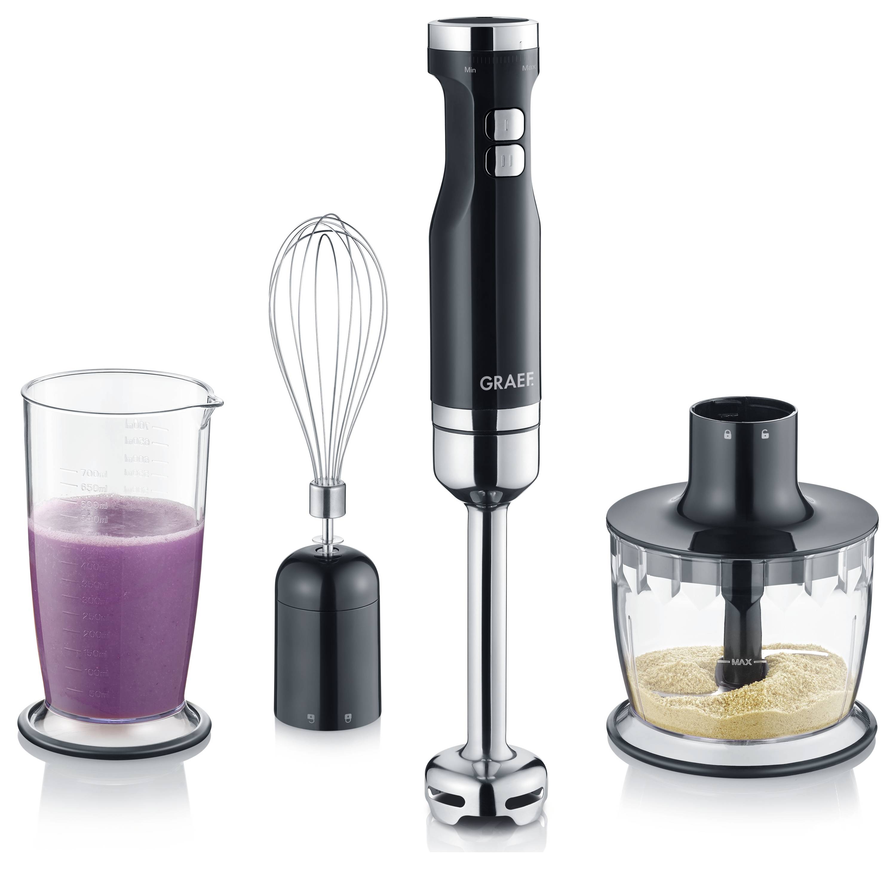 A set of black kitchen appliances includes a hand blender with a blending attachment, a whisk, and a chopper bowl with chopped contents.