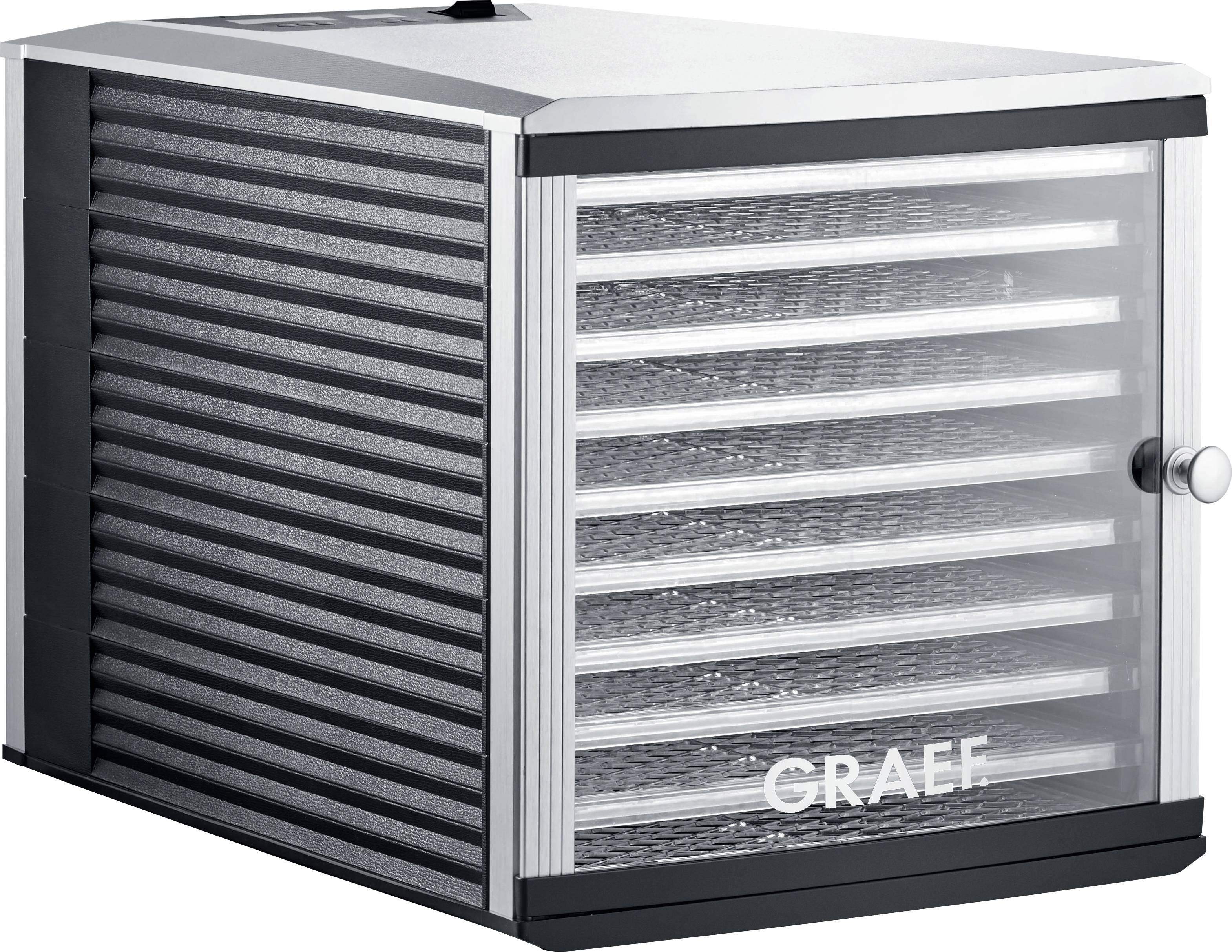 A Graef food dehydrator with a clear door and horizontal trays for drying food items.