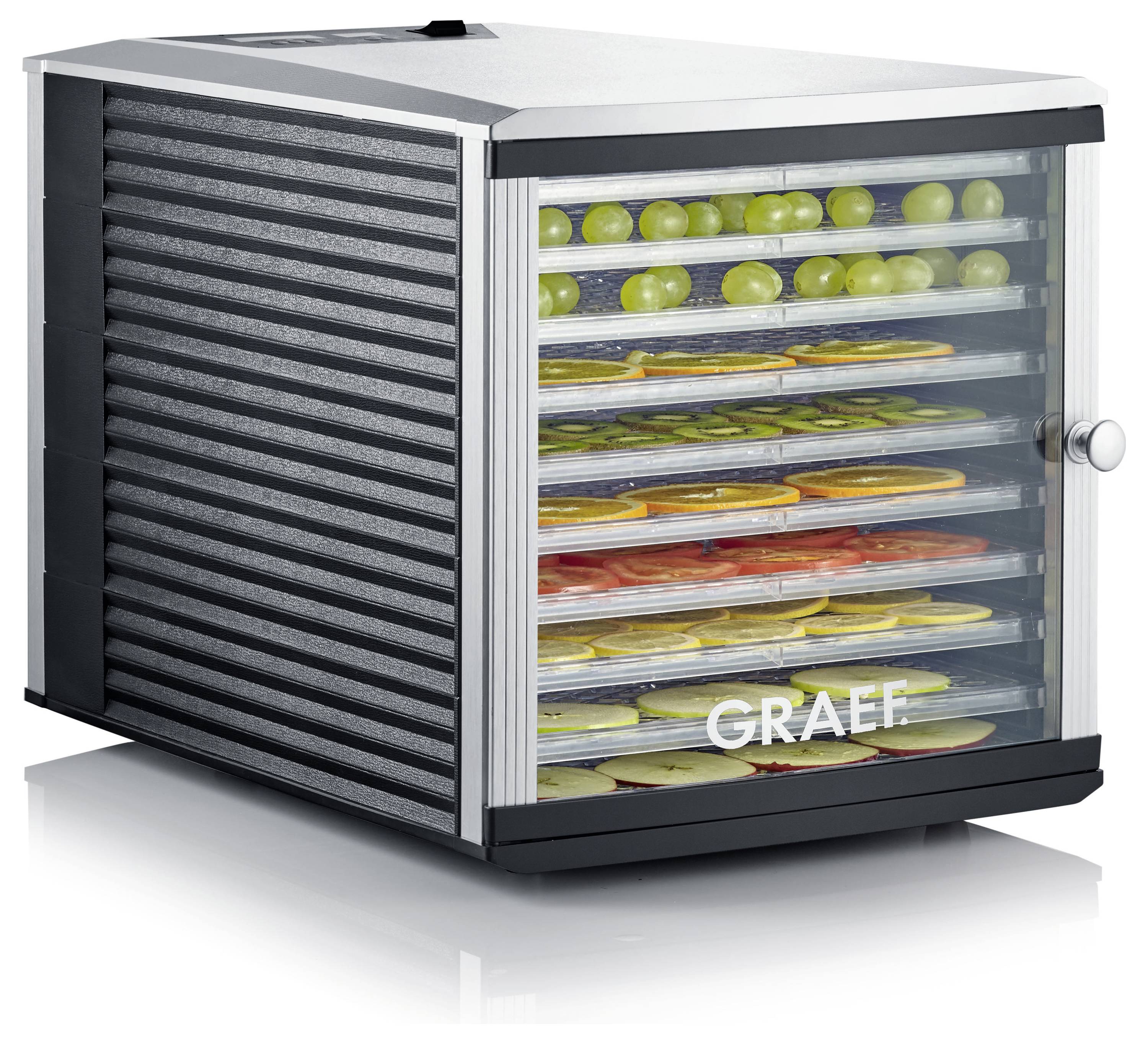 A food dehydrator with multiple trays filled with slices of colorful fruits and vegetables, showcasing the dehydration process.