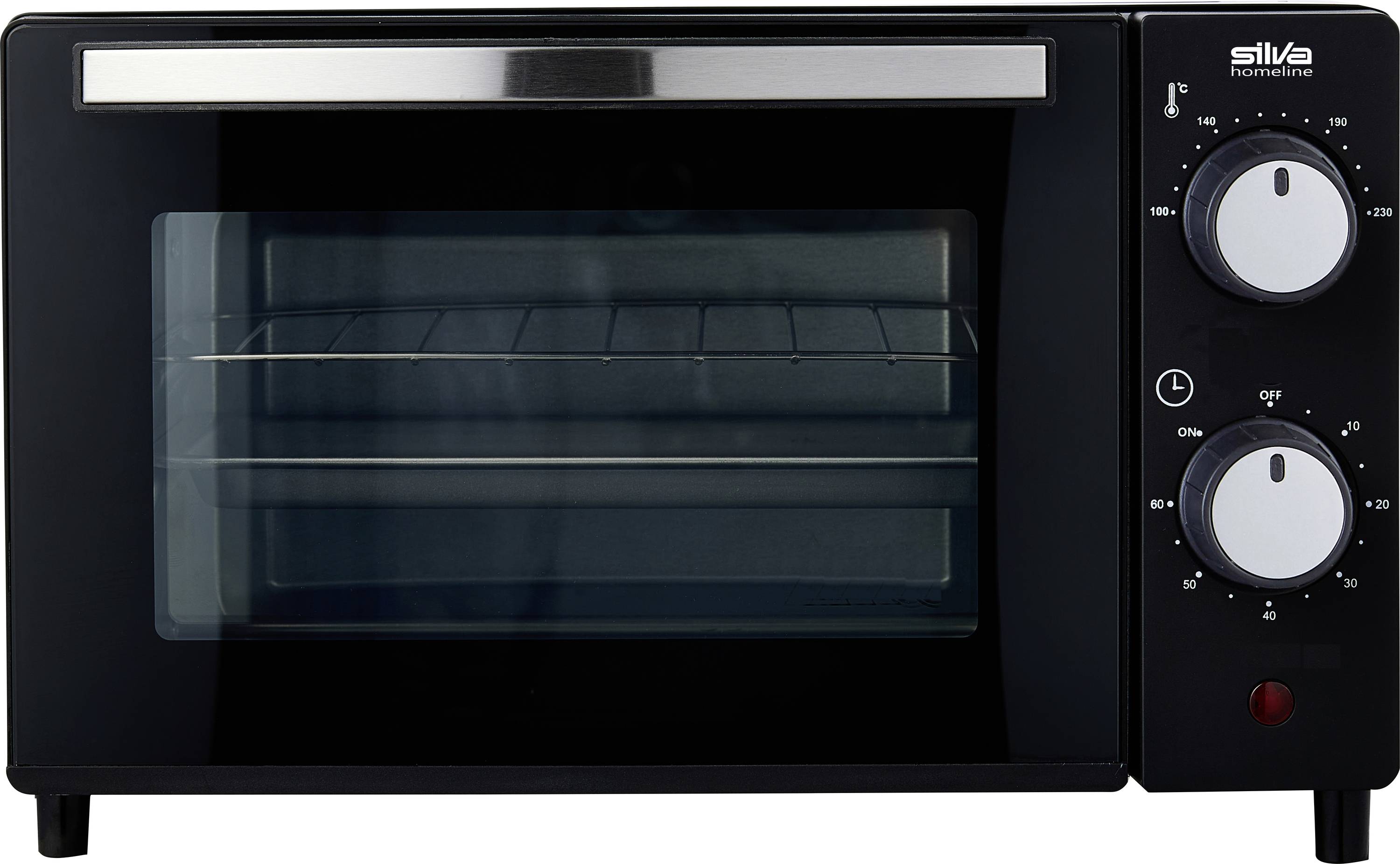 A black countertop oven with a transparent door, two control dials for temperature and time on the right, and a rack inside.