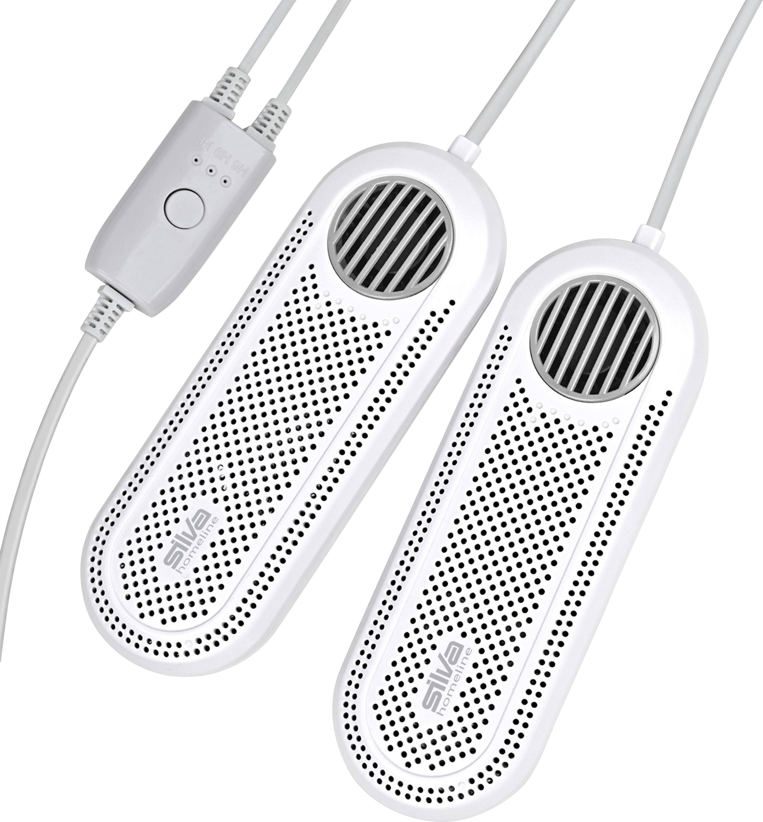 A pair of white shoe dryers with ventilated design and a connected power switch, suitable for drying and deodorizing shoes.