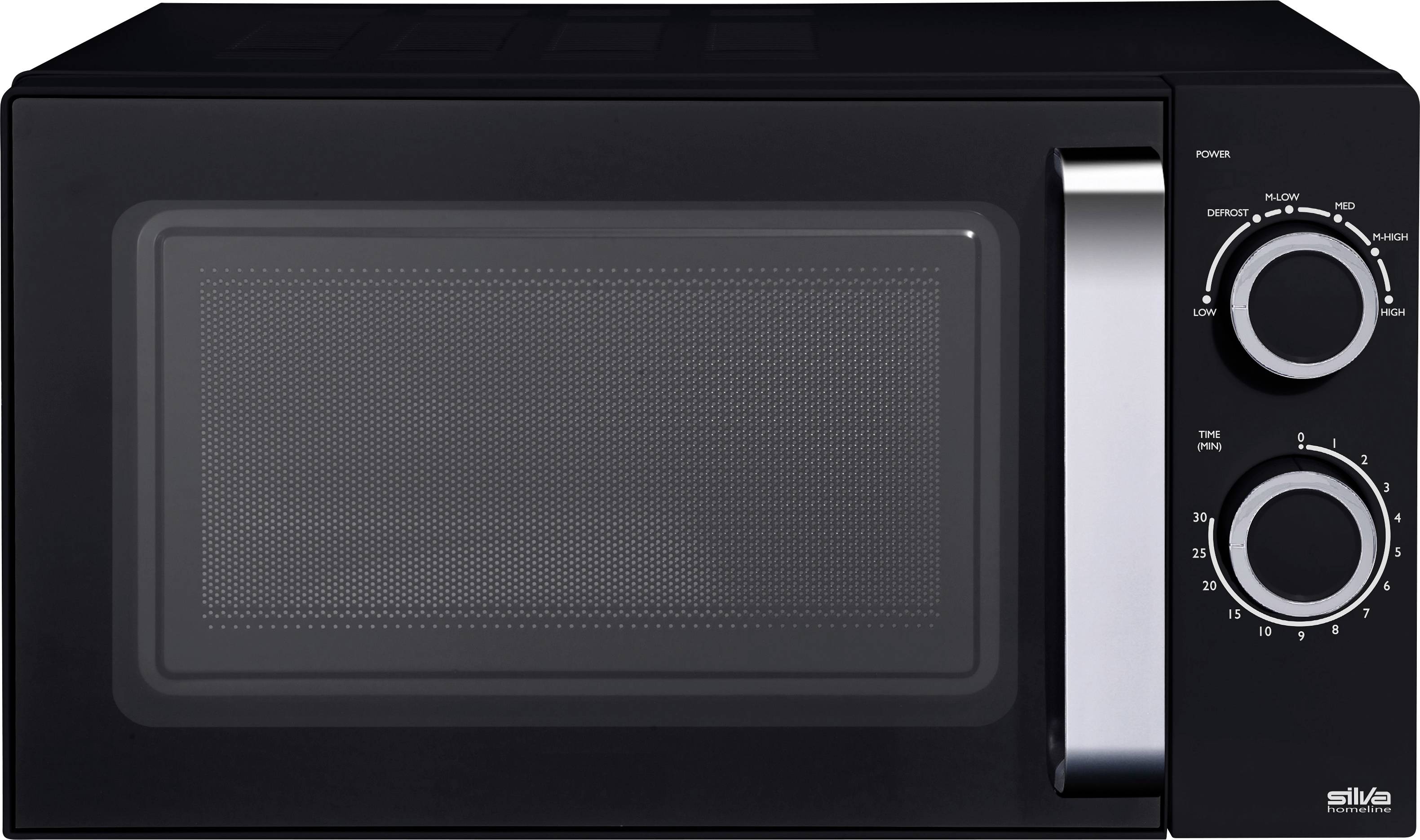 A black microwave oven with two dials on the right side for power and time settings, featuring a metallic handle and a transparent door.